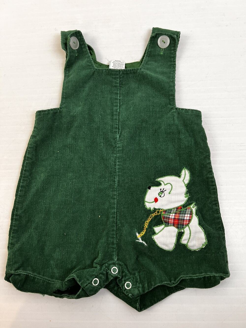Vintage Christmas Shortalls John-Johns Romper Boy's 18 Mos. Green Corduroy Dog